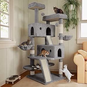MUTICOR 66 Inches Multi-Level Large Cat Tree Tower for Indoor Big Cats/Cozy Plush Perches/Cat Condo/Sisal Scratching Posts/Hammock and Baskets/Cat Activity Center Play House/Wide Base/Grey(similar to stock photo)