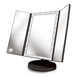beautyworks backlit makeup vanity mirror 36 led lights touch-screen light control, tri-fold 1/2/3x magnification, portable high-definition clarity cosmetic light up magnifying mirror (midnight black)