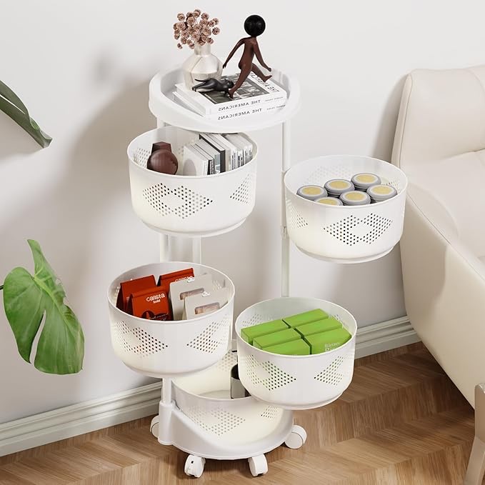 5 Tier Rotating Fruit Basket,Kitchen Storage Rack Shelf Carts,Circular Rotating Basket,Large Storage Rack & Fruit Vegetable Shelf,Rotatable Basket for Kitchen Bathroom Laundry Room White Five Layers