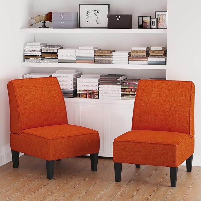 Yongqiang Upholstered Accent Chair Armless Side Chairs for Living Room Set of 2 Bedroom Slipper Chair Orange Linen Fabric