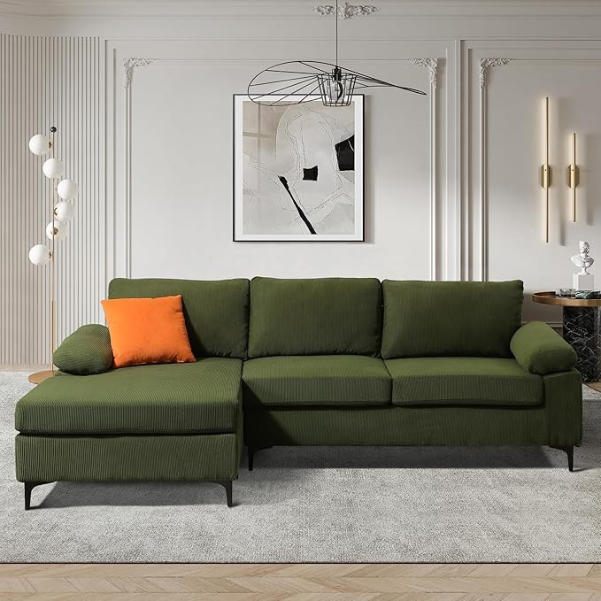 ((Incomplete box)) HOOOWOOO 100" Corduroy Chaise Couch,L Shaped Sectional Sofa,Modern Comfy Deep Couchs for Apartment Office,Nikeita Green(Reversible Chaise)