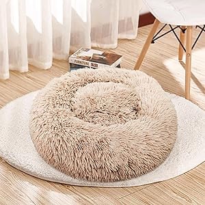 Deluxe Calming Dog Bed for Small Medium Dogs & Cats - Anti-Anxiety Donut Cuddler Cozy Warm Soft Fluffy Faux Fur Round Beds Sizes 28" Puppy Bed (Khaki, Medium)