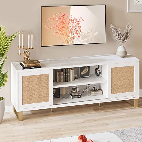 PHO_0WWFVYFB GARVEE Rattan TV Stand for 65 Inch TV, Modern White Entertainment Center, MDF Wood, Sliding Doors, Shelves, Living Room, Bedroom