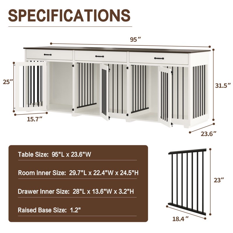 Dog Crate Furniture Indoor Wood Dog Kennel Cages With 2 Divider, 3 Draws And 3 Doors With Locks, 95"X23.6"X31.5"H