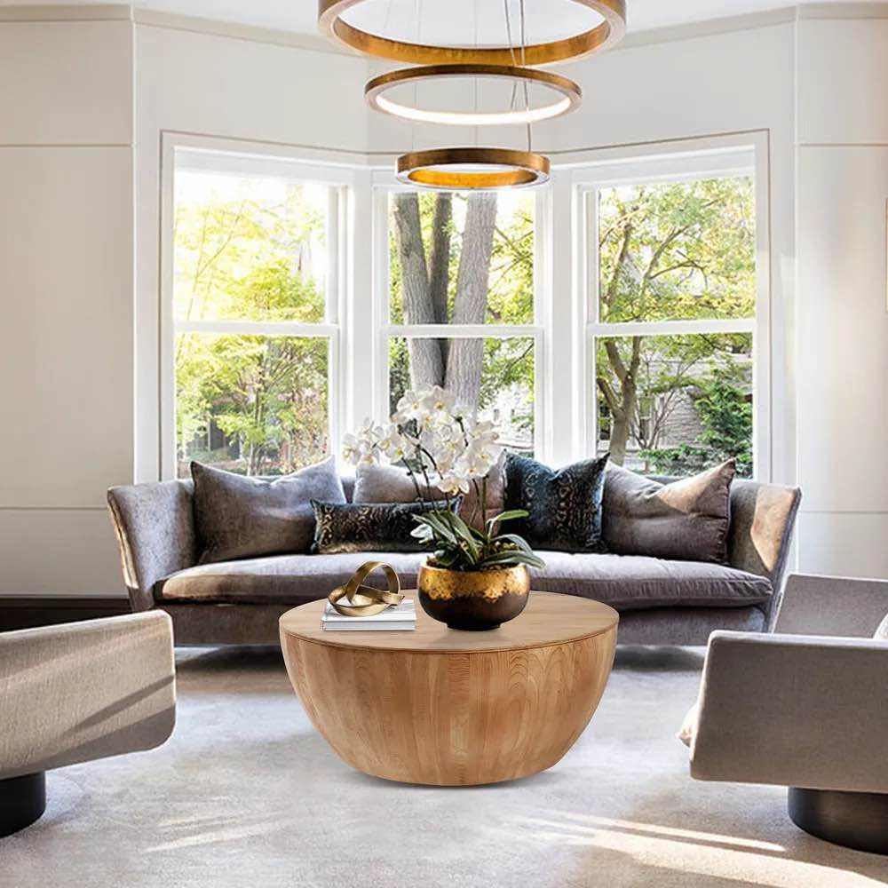 Vintage Style Bucket Shaped Coffee Table, 35.43?, Natural, Storage Function