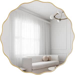 Gold Circle Mirror, 24" Round Vanity Mirror, Irregular Wall Mirror for Bathroom, Waved Edge Decorative Mirror, Wooden Farmhouse Mirror for Bathroom, Entryway, Washingroom, Living Room, Bedroom