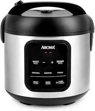 AROMA® Digital Rice Cooker, 4-Cup (Uncooked) / 8-Cup (Cooked), Steamer, Multicooker, Slow Cooker, Oatmeal Cooker, Auto Keep Warm, 2 Qt, Stainless Steel Exterior