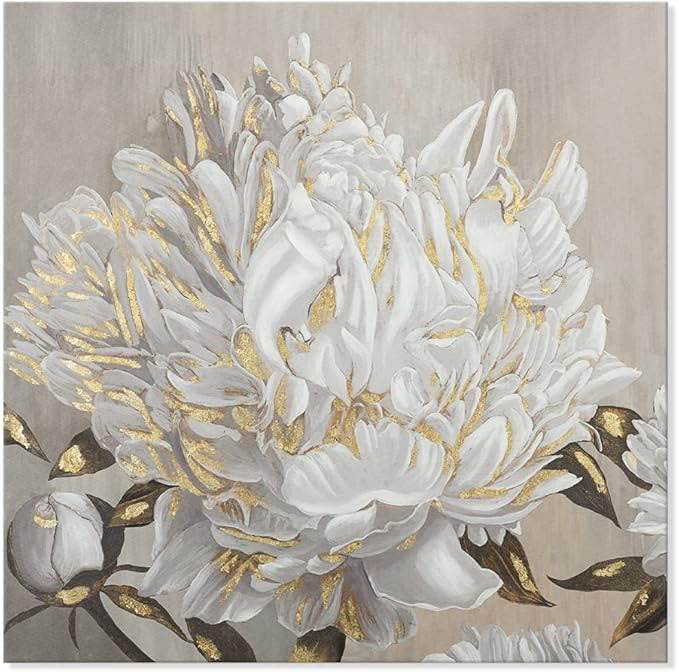 Goldfoilart Floral Wall Art Gold Flower Canvas Pictures with Gold Foil Embellishment Paintings Textured Print Framed Artwork for Living Room Bedroom Office Decorations 24" x 24"