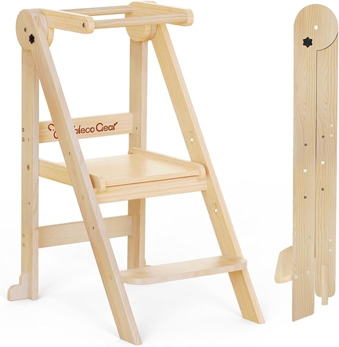 Foldable Toddler Kitchen Stool Helper, Toddler Tower with 3 Adjustable Height, Wooden Toddler Step Stool, Collapsible Toddler Tower, Toddler Stool for Kitchen and Bathroom (beige)