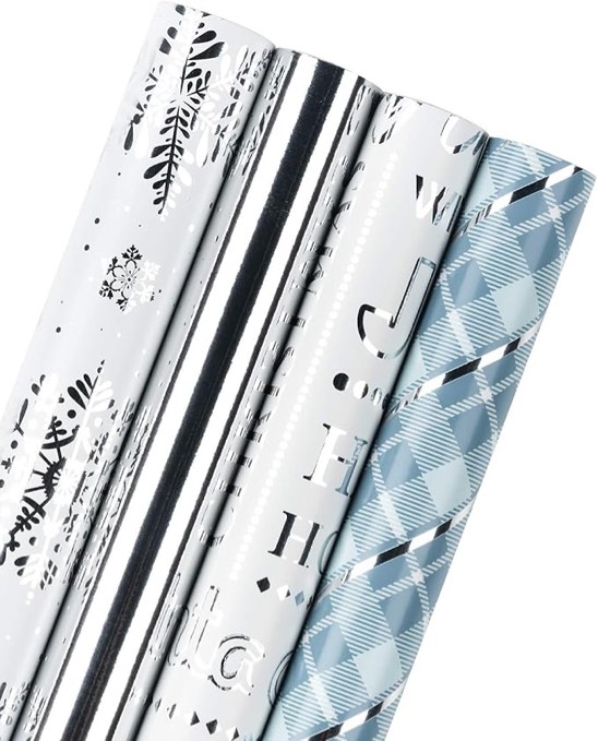 WRAPAHOLIC Christmas Wrapping Paper Roll - Blue and Silver Snowflake Holiday Design with Metallic Foil Shine - 4 Rolls - 30 Inch X 120 Inch Per Roll
