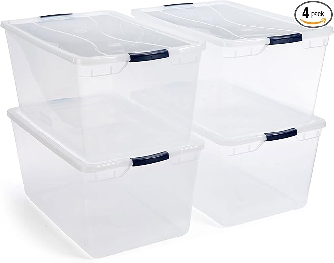 Rubbermaid Cleverstore 95 Qt Clear Storage Bins with Latching Lids, 4-Pack, Stackable, BPA-Free, Made in USA