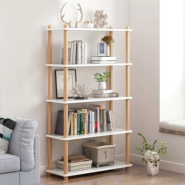 WHITE AND NATURAL WOOD BOOKSHELF,  SIMILAR TO PHOTO 
