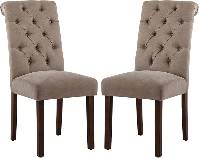 COLAMY Button Tufted Dining Chairs Set of 2, Parsons Upholstered Fabric Dining Room Chairs Kitchen Chairs with Wood Legs and Padded Seat, Taupe