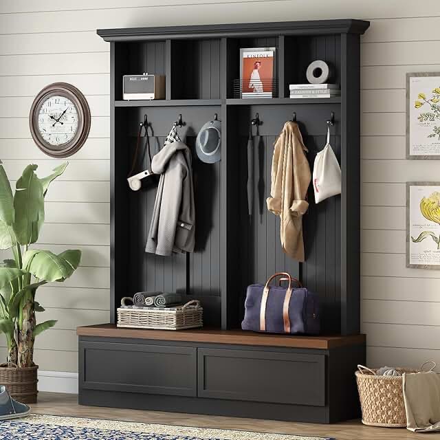 Farmhouse Yan Hall Tree With Bench, 2 Large Drawers, Coat Rack With 6 Black Hooks And Open Shelves