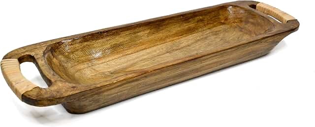 Ochretree Wooden Decorative 25.3 Inch Dough Bowl With Rattan Wrapped Handles - Long Wood Dough Bowl Centerpiece for Table Decor