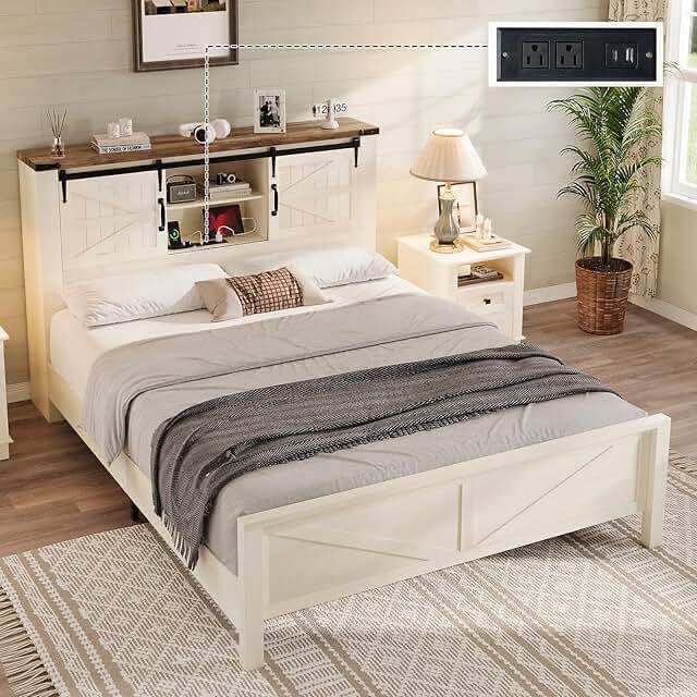 Sherell Wooden Platform Bed Frame with Sliding Barn Door Bookcase Headboard