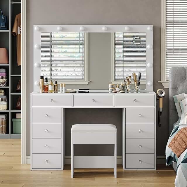 Aines Desk Vanity with Mirror and Hidden Storage