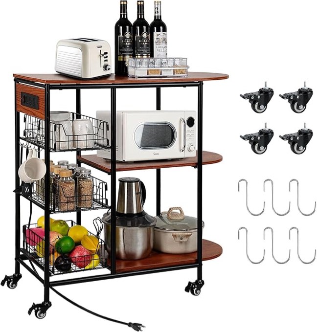 Kitchen Bakers Rack with Power Outlet, Microwave Stand with 3 Pull-Out Fruit Basket Storage, Coffee Bar Carts Table on 4 Wheels, 6 S-Hook Storage Shelf for Spice Rack Organizer Workstation, 33.9 inch