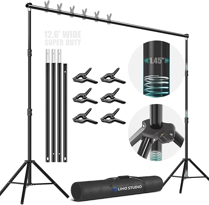 LimoStudio (Super Heavy Duty) 12.6 ft. Wide x 10.4 ft. Tall Backdrop Stand, Upgraded Model 1.45" Thick Pole, Super Structure Heavier & Stronger, No Wobble Background Support System Kit, AGG1782