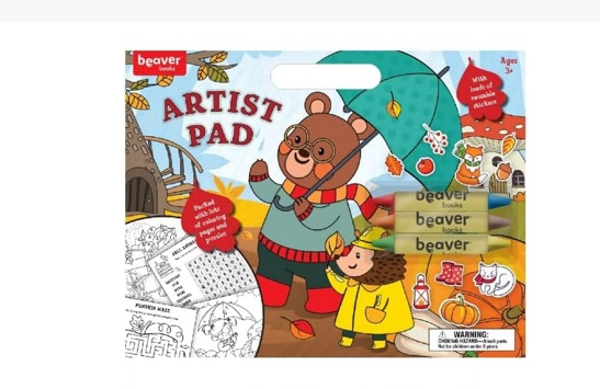 Large Artist Pad with Handle Set, Reusable Sticker Book with Coloring and Puzzle Activities for Kids 3 and Up, Includes 3 Double-Sided Crayons, Kids Art Supplies for Travel and Home
