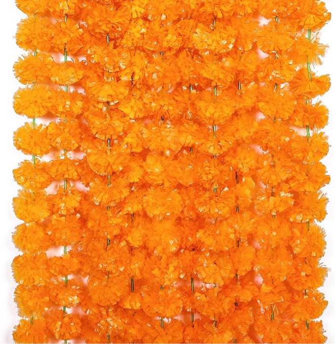 Fovths 11 Pieces 5 Feet Long Marigold Garland Bulk Light Orange Indian American Wedding Party Mantel Decoration Long Strands Artificial Dia De Los Muertos Decor for Pooja, Altar Faux Garland, Diwali