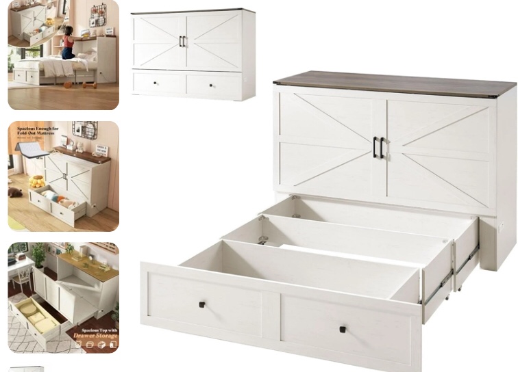 AMERLIFE Queen Murphy Bed with Storage & Charging Station, Farmhouse Murphy Cabinet with Foldable Panel, Noisy Free, for Living Room, Guest Bedroom, Office white (Box 2 of 2)