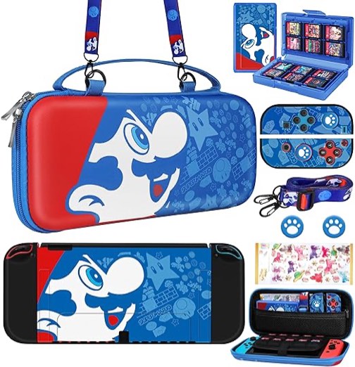 Xinocy for Nintendo Switch OLED 9 in 1 Storage Accessories Kit with Travel Carrying Case+Switch Protective Cover+Game Case Holder+Strap+Sticker+2 Joycon Shells+2 Thumb Caps Cute for Boys Kids Girls-B