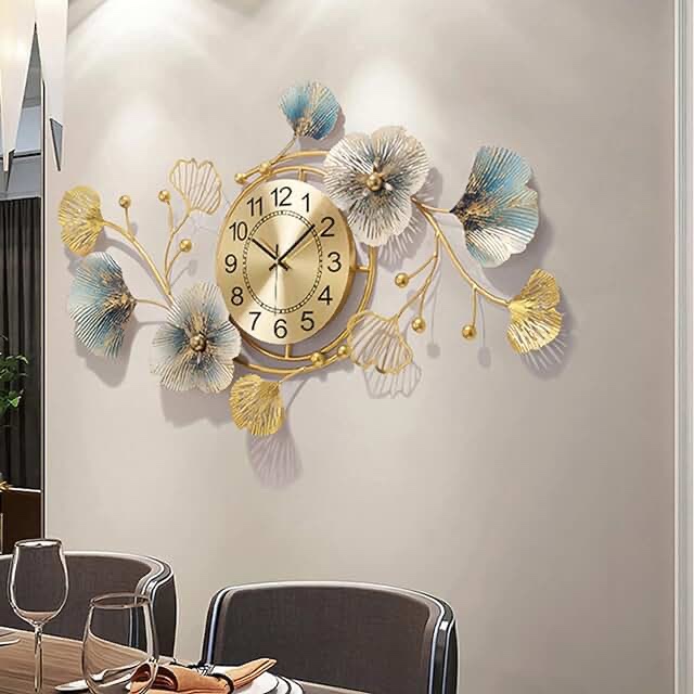 Large Decorative Wall Clock, Light Luxury Atmosphere Ginige Leaf Quartz Clock with Silent Movement, Wall Decor for Living Room Bedroom Space Handmade Nature HomeDecoration 32.7  18.9in