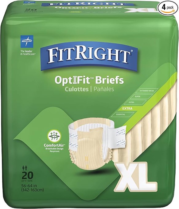 FitRight OptiFit Extra+ Adult Diapers with leak stop guards, Disposable Incontinence Briefs with Tabs, Moderate Absorbency, X-Large, 57"-66", 20 count (Pack of 4)