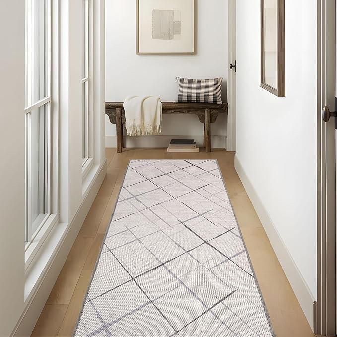 Modern Washable Runner Rug, 2.6x8 Hallway Runner Rugs, Tear and Stain Resistance, Non-Slip, Hand Woven Style Thin Kitchen Runners for High Traffic Hallway Entrance Bedroom Laundry - White