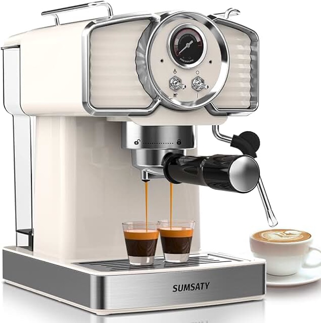 SUMSATY Espresso Coffee Machine 20 Bar, Retro Espresso Maker with Milk Frother Steamer Wand for Cappuccino, Latte, Macchiato, 1.8L Removable Water Tank, ETL Listed, Coffee Spoon