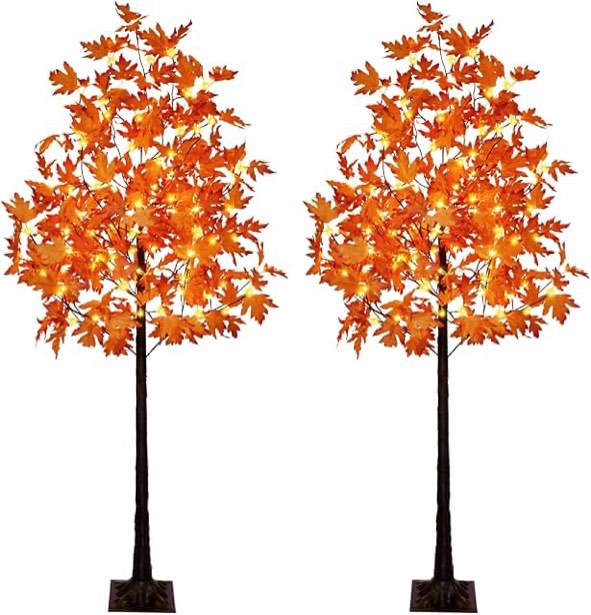 Set of 2 6FT 120LED Artificial Lighted Maple Tree Warm White Fall Decorations Indoor Ourdoor, Orange 