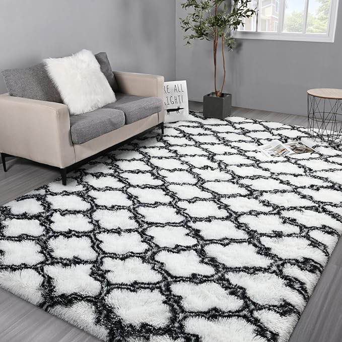 Hutha 4x6 Shag Large Area Rugs for Living Room, White and Black Modern Super Soft Bedroom Carpet, Moroccan Luxury Geometric Plush Fluffy Rug for Kids Nursery Girls Room Indoor Home Decor