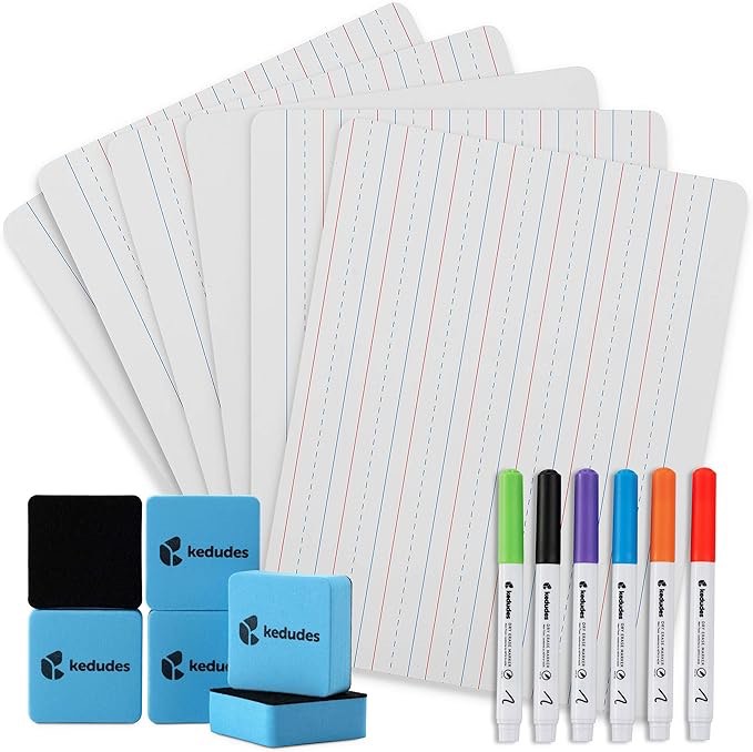 Double-Sided White Board 6-Pack  Set of Lined, Blank, Streak-Free Dry Erase Lapboards for Kids with Erasers, Colored Markers  Quality Student, Teacher, Tutoring & Homeschool Supplies (9x12 inches)