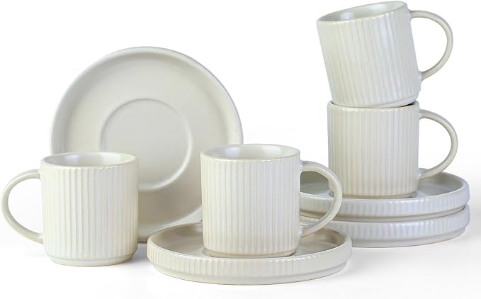 WHITE RIBBED ESPRESSO CUPS WITH SAUCERS. set of 6/4 oz
