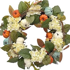 Fall Wreath for Front Door, 24 Artificial Pumpkins, Maple Leaf and Hydrangeas Twig Thanksgiving Harvest Wreath Fairytale Pumpkin Foliage