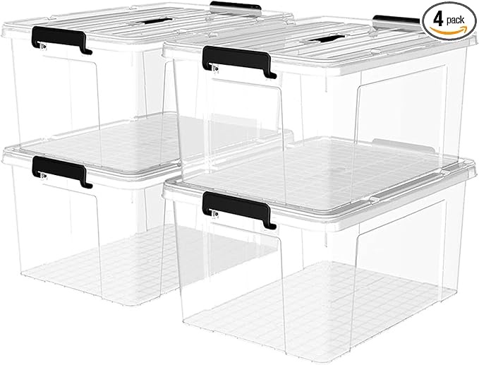 Plastic Storage Bin Box Organizing Container with Lid and Secure Latching Buckles, Clear, 40Qt x 4, Pack of 4