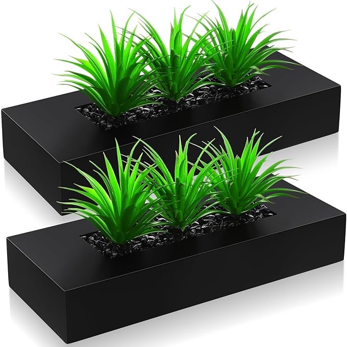 Hotop 2 Pcs Artificial Green Grass Plants in Wood Decorative Planter Pot Wooden Faux Greenery Rectangle Box Table Plant for Tabletop Centerpiece Indoor Decor(13.8 Inch,Black)
