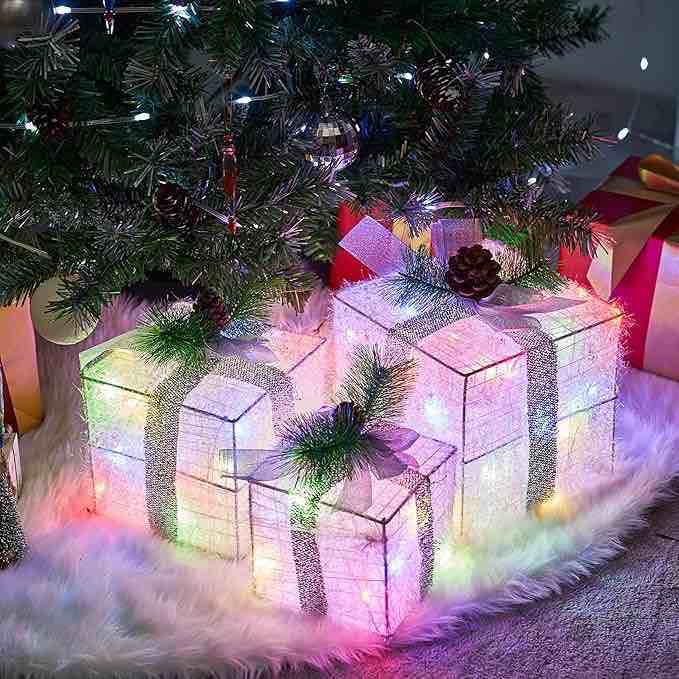Joiedomi Christmas Lighted Gift Boxes, Valentine's Day Decorations Set of 3, Light up Present Boxes, 60 LED Multicolor Lights for Indoor Holiday Dcor, Christmas Eve Night Dcor