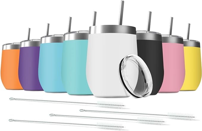 8 Pack 12 oz Stainless Steel Wine Tumbler with Lids, Double Wall Vacuum Insulated Travel Cup Including 8 Straws Set for Coffee, Cocktail, Drink, Tea and Beer (Assorted Colors