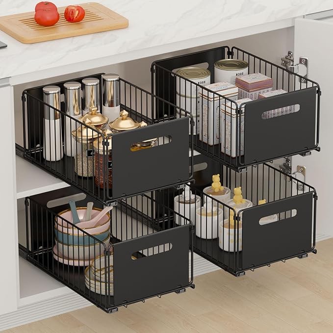 Behaesty Pull Out Drawer for Cabinets, Peel and Stick Cabinet Organizer Adhesive, Slide Out, Stick On, Heavy Duty Storage, Sliding Basket Pantry Shelves for Kitchen/Bathroom (Black, 7.5" H, 1 PACK)