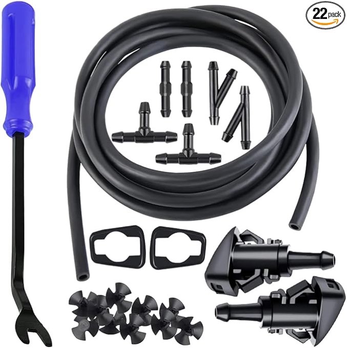 AUCELI Windshield Washer Hose Kit 22 Pcs Set, 4M Washer Fluid Hose, 6 Pcs Hose Connectors, 2 Fan Nozzles, Connect Car Water Pump and Nozzles Suitable for Most Car Windshield Fluid Tubing