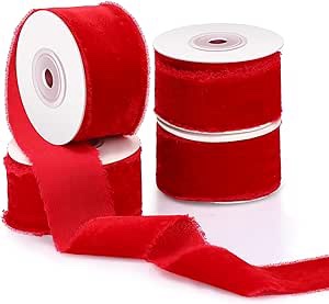 PREBOUND 4 ROLLS RED VELVET RIBBON FOR CRAFT PARTY DECORATION