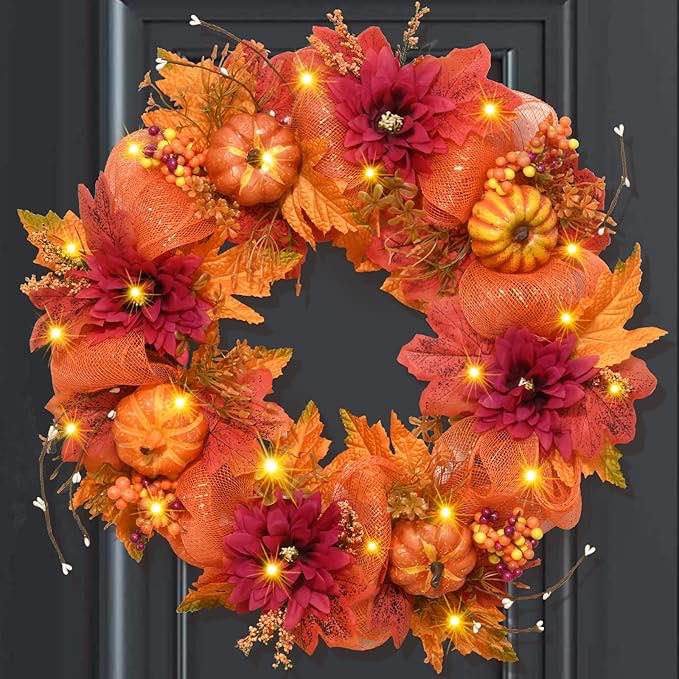 Fall Wreath with Lights - Fall Wreaths for Front Door, Fall Decorations for Home, 20" Autumn Wreath for Porch Wall Window Halloween Thanksgiving Decor