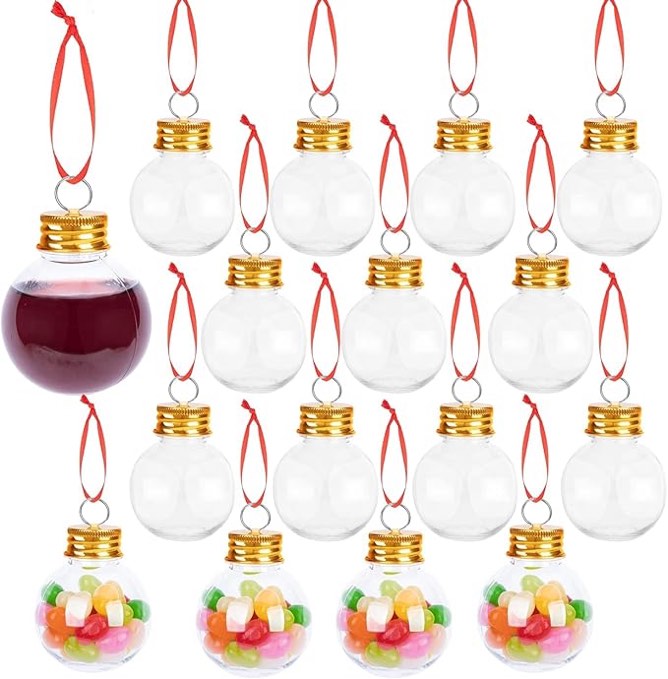 12Pcs Booze Balls Christmas Ornaments, 50 ml/1.6 oz Clear Ornaments Drinking Bulbs for Drinks, Plastic Ornament Shot Glasses for Christmas Holiday Party Decor Indoor Outdoor (Gold, 50ml