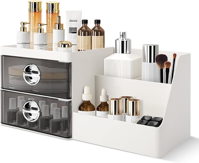 Sunkaioo Makeup Organizer with Clear Drawers,Plastic Skincare Organizers for Vanity,Large Capacity Makeup Organizer Countertop for Cosmetics, Skincare,Office Stationery (Gray Drawer)