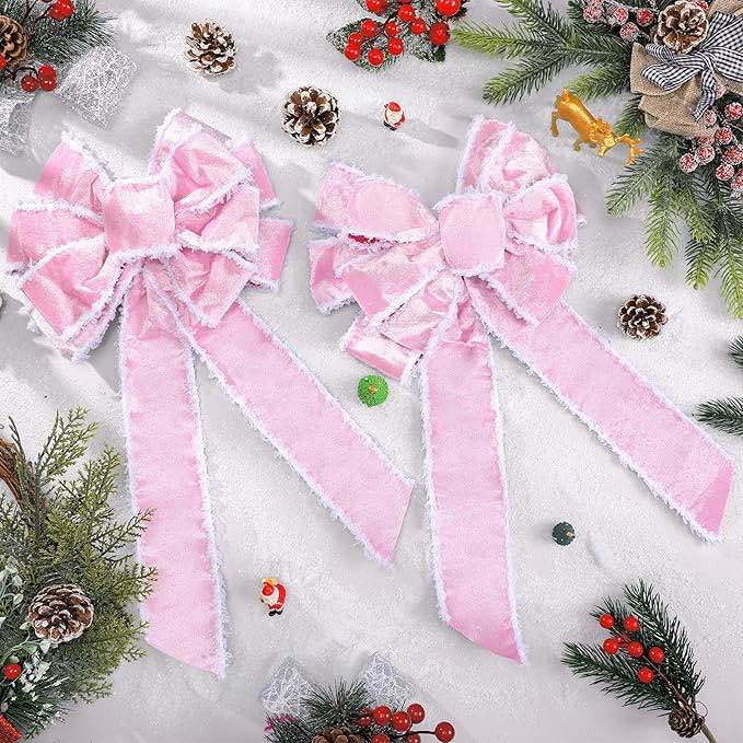 Large Christmas Bow Outdoor Decoration 10 x 20 Inch Velvet Wired Ribbon Bow Christmas Tree Topper Bow Xmas Embellishment Craft Bow for Wreath Party Favors Indoor Home(Pink)