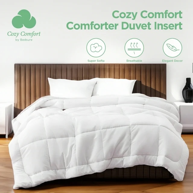 Cozy Comfort All Season Down Alternative Comforter Duvet Insert, Machine Washable Quilted Reversible Duvet Insert with Corner Tabs, White, King Size, 102x90 inches