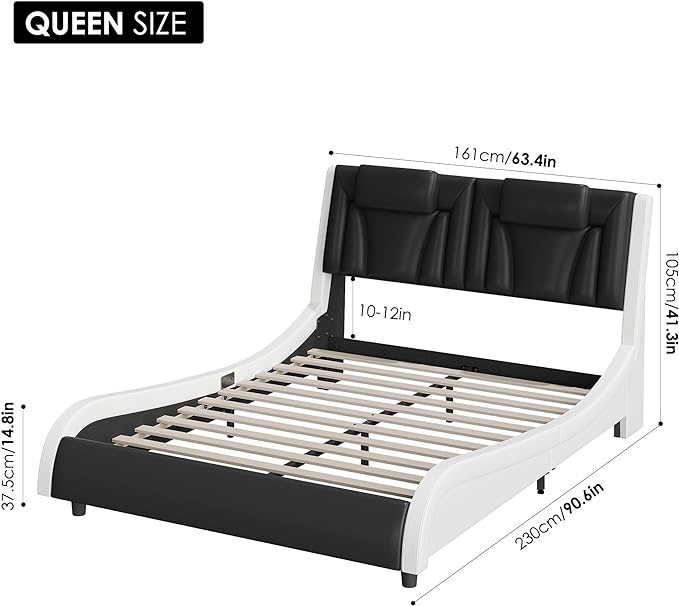 Keyluv Upholstered Bed Frame with Adjustable LED Headboard, Pu Leather Platform Bed with Wave-Like Curve Design and Solid Wooden Slats Support, No Box Spring Needed, Noise Free,size King Blackwhite