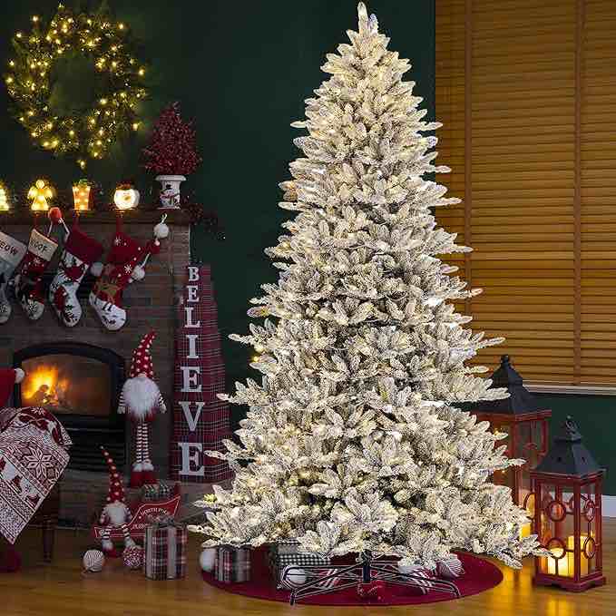 11ft Pre-lit Snow Flocked Fir Artificial Christmas Tree w/Easy Assembly Metal Stand Artificial Slim Fir Christmas Tree w/950 Warm White Lights Holiday Decoration(Covered Some Glitter)50 in DIA X 90inH ( 127cm. x 228.6cm)